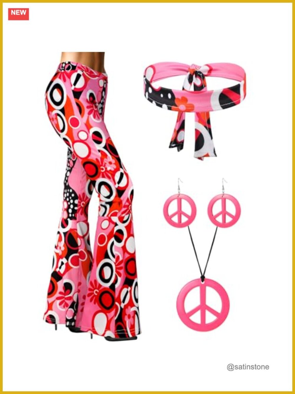 Hippie Costume Set Bell Bottom Pants Headband Necklace